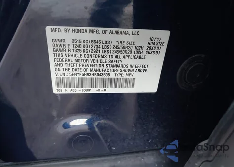 2017 Honda Pilot Touring из США, поврежденный, VIN 5FNYF5H93HB043505